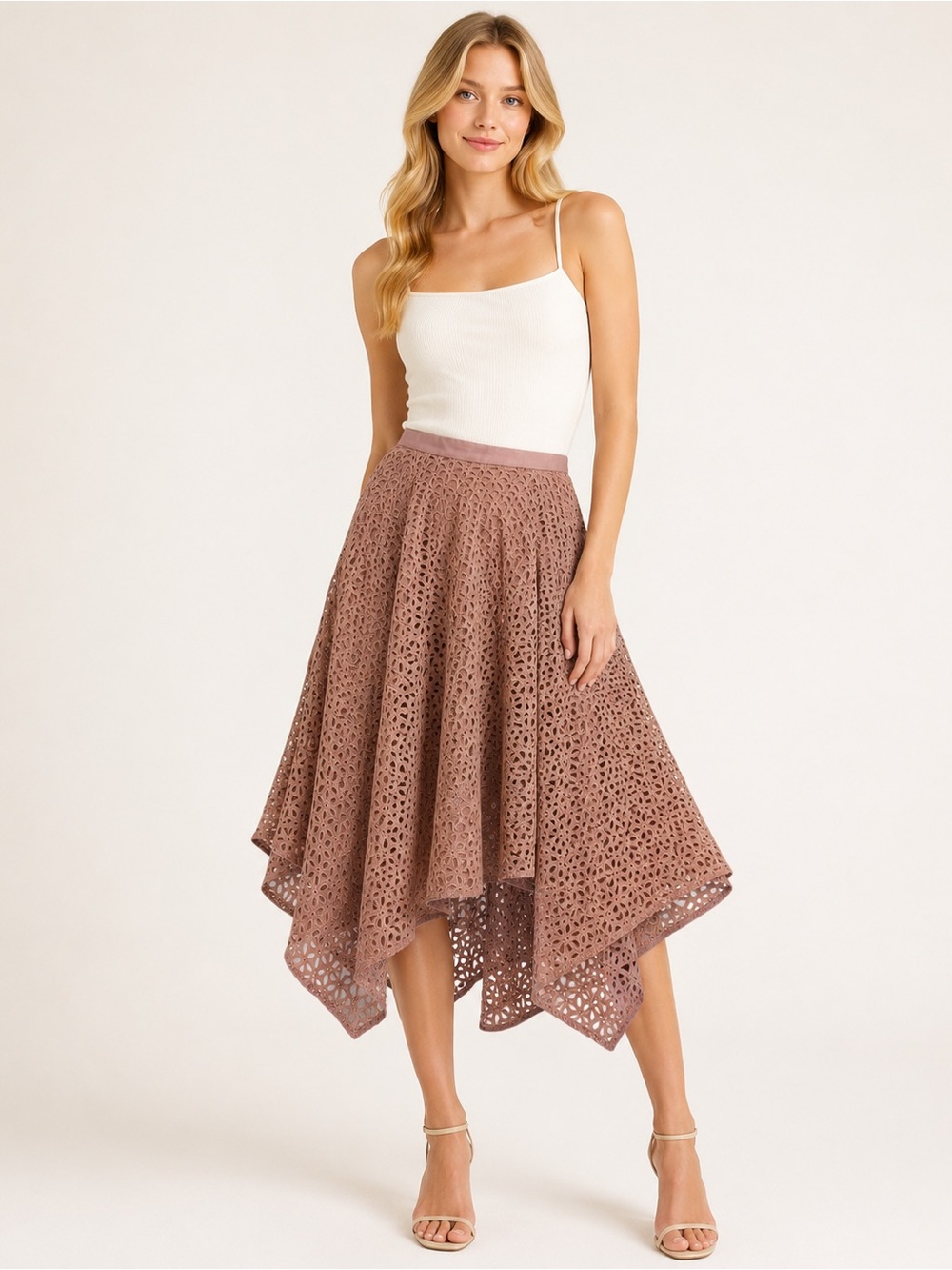 Tibi Dusty Rose Eyelet Lace Handkerchief Midi Skirt Size 2